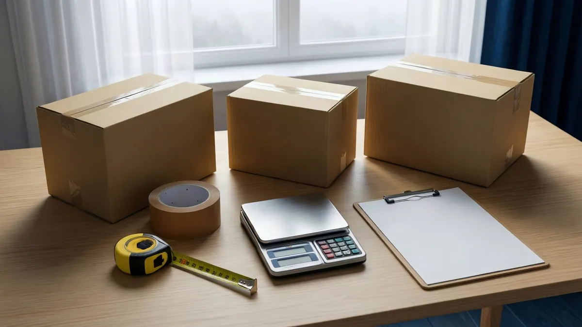 An abstract e-commerce workspace with a laptop, shipping boxes and a coffee cup, styled with clean editorial composition