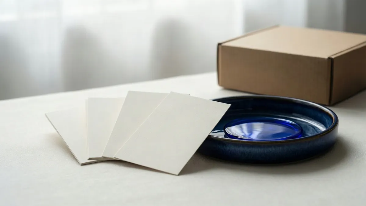 Sobre una mesa de madera clara, hay un montón de papeles, sobres, una caja de cartón y un bol azul con un vaso dentro.