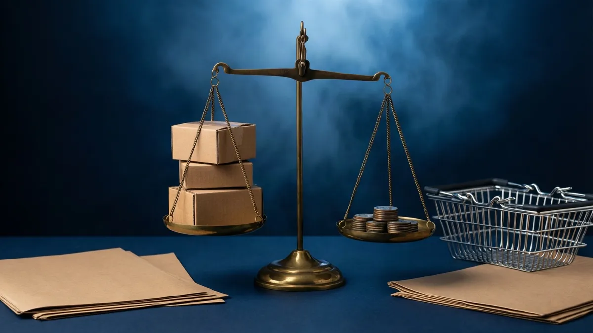 Una báscula de bronce equilibra cajas de cartón con monedas, sobre superficie azul oscuro, rodeada de papeles y cesta metálica.